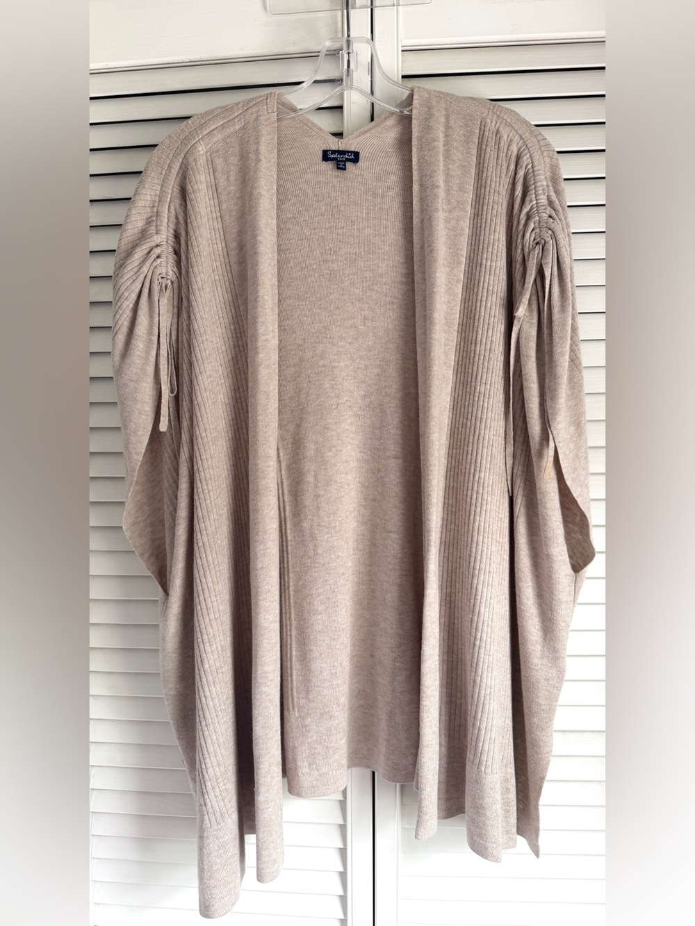XS🤎 Splendid Cashmere Blend Oatmeal Ribbed Tie Shoulder Open Relaxed Cardigan - Picture 2 of 10